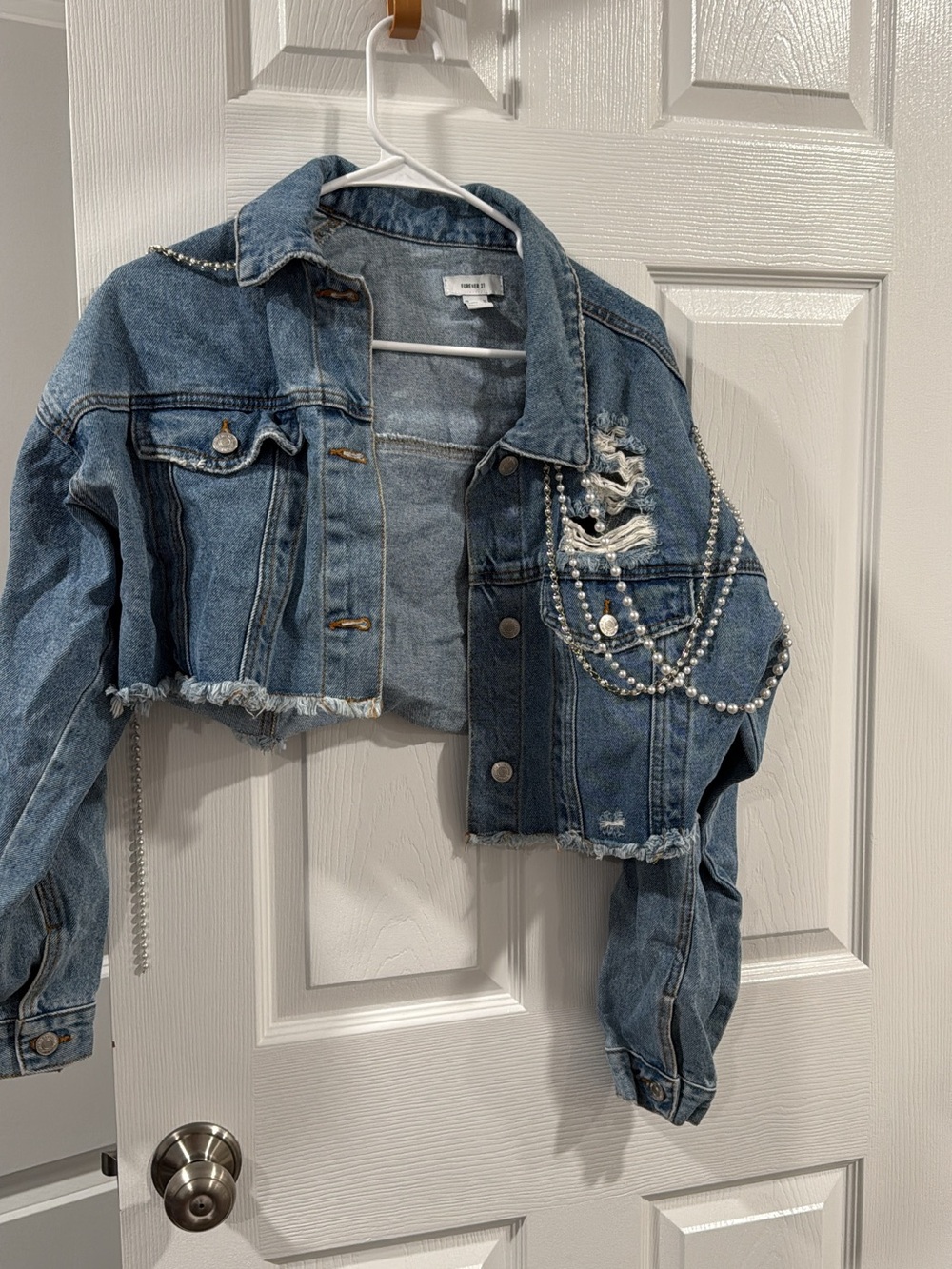 Forever 21 Cropped Blue Distressed Denim Jacket with Pearl Chains
